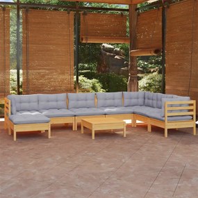 Set mobilier de gradina cu perne gri, 9 piese, lemn masiv pin