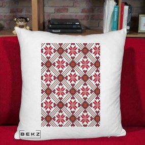 Perna Personalizata Motiv Traditional Ie Romaneasca Rosu, 40x40 cm, Alb Pufos, Husa Detasabila, Perna Inclusa, BEKZ®