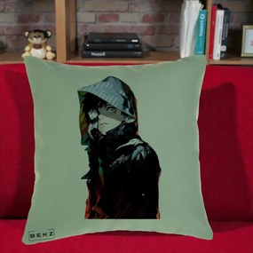 Perna Personalizata Tokyo Ghoul Ken Kaneki cu Masca si Gluga, 40x40 cm, Verde, Husa Detasabila, Perna Inclusa, BEKZ®