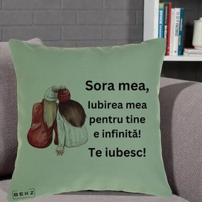 Cadou pentru Sora - Perna Personalizata Sora Mea Te Iubesc Doua Fete Iarna Acuarela, 40x40 cm, Verde, Husa Detasabila, Perna Inclusa, BEKZ®