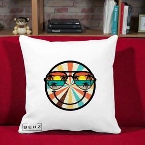 Perna Decorativa Smiley Face Retro Sunset Palmieri, 40x40 cm, Alba Mata, Husa Detasabila, Perna Inclusa, BEKZ®