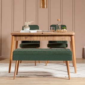 Masă de sufragerie extensibilă cu 2 scaune și bancă Vlasta (pin antlantic + verde). 1073059