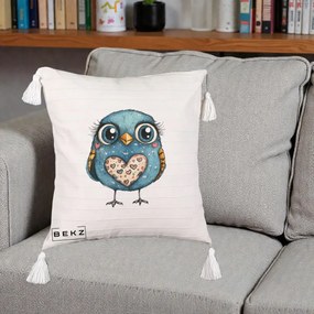 Perna Decorativa Bufnita Albastra cu Inimioare, 40x40 cm, Bej cu Franjuri, Husa Detasabila, Perna Inclusa, BEKZ®