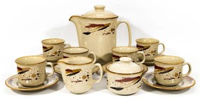 Set ceramică 6x cană cu farfurioară, 1x ulcior cu capac, 1x zaharniță și 1x latieră
