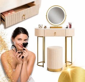 Set SARAH, Masă de toaletă pentru machiaj cu oglindă iluminată LED, control touch, sertar, taburet, 80x40x76 cm, Bej/Auriu