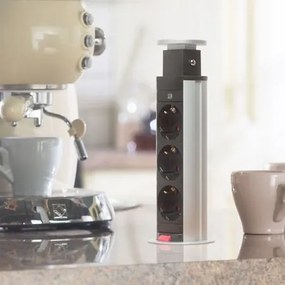 Priză încorporabilă în blat Elevator GTV, 3 prize Schuko, gri, D:60 mm Gri, Metal/ Plastic, D:60 mm