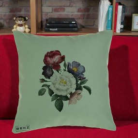 Perna Decorativa Buchet Trandafiri Bujori Botanical, 40x40 cm, Verde, Husa Detasabila, Perna Inclusa, BEKZ®