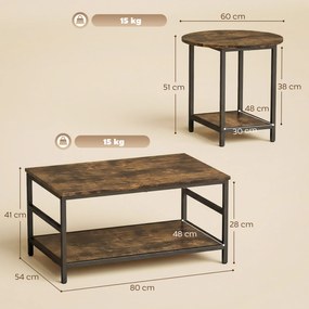 HOMCOM Set mese de cafea, 2 piese, masă dreptunghiulară și rotundă cu depozitare în 2 nivele, maro rustic | Aosom Romania