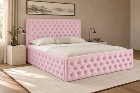 Pat tapițat Chesterfield din catifea Ophelia Deluxe 180×200 cm, roz, cu ladă de depozitare