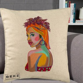Perna Decorativa Portret Femeie Colorat Pop Art, 40x40 cm, Bej, Husa Detasabila, Perna Inclusa, BEKZ®