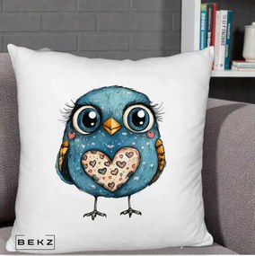 Perna Decorativa Bufnita Albastra cu Inimioare, 40x40 cm, Alb Pufos, Husa Detasabila, Perna Inclusa, BEKZ®