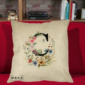 Cadou Personalizat - Perna Personalizata Monogram Litera C cu Flori Acuarela, 40x40 cm, Crem, Husa Detasabila, Perna Inclusa, BEKZ®