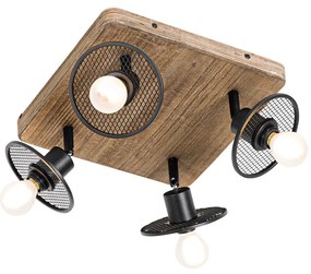 Plafoniera industriala neagra cu lemn 4 lumini - Jasmine