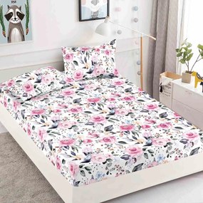 Husa de pat cu elastic si 2 fete de perna, tesatura tip finet, pat 2 persoane, alb / roz, HBF-142