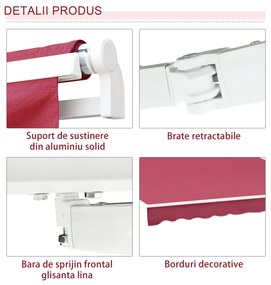 Outsunny Copertină Retractabilă Manuală pentru Grădină, Protecție Solară, Cadru Metal și Aluminiu, 4x2.5m, Roșu Închis | Aosom Romania