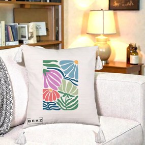 Perna Decorativa Flori Grafice Multicolore Modern, 40x40 cm, Bej cu Franjuri, Husa Detasabila, Perna Inclusa, BEKZ®