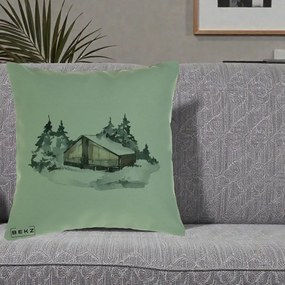 Perna Decorativa Cabana de Iarna in Padure, 40x40 cm, Verde, Husa Detasabila, Perna Inclusa, BEKZ®