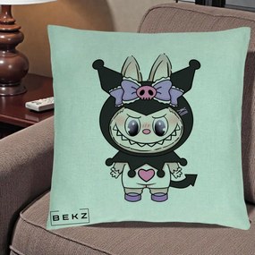 Perna Personalizata Labubu x Kuromi, 40x40 cm, Verde Menta, Husa Detasabila, Perna Inclusa, BEKZ®