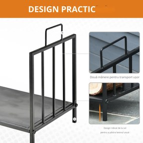 Outsunny Suport pentru Lemne pentru Interior și Exterior cu 2 Mânere, 44,5x33x46,5 cm, Negru | Aosom Romania