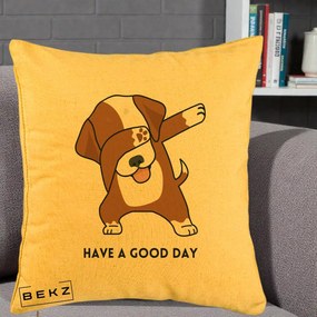 Perna Decorativa Caine Dab Have A Good Day, 40x40 cm, Galben, Husa Detasabila, Perna Inclusa, BEKZ®