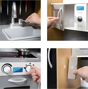 Bucătărie de jucărie din lemn cu sunet și bord LED accesorii metalice