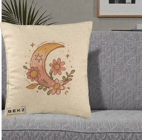 Perna Decorativa Luna Florala Boho, 40x40 cm, Bej, Husa Detasabila, Perna Inclusa, BEKZ®