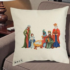 Perna Decorativa Nasterea Domnului Cei Trei Magi Acuarela, 40x40 cm, Ecru, Husa Detasabila, Perna Inclusa, BEKZ®