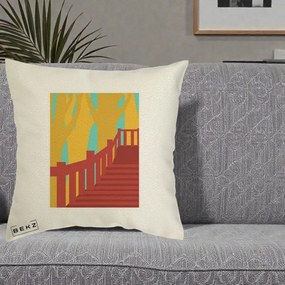 Perna Decorativa Scari Toamna Peisaj Grafic, 40x40 cm, Ecru, Husa Detasabila, Perna Inclusa, BEKZ®