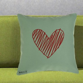 Perna Decorativa Inima Rosie Desen Manual, 40x40 cm, Verde, Husa Detasabila, Perna Inclusa, BEKZ®