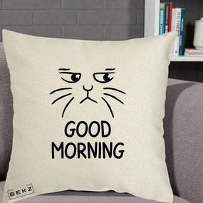 Perna Decorativa Pisica Morocanoasa Good Morning, 40x40 cm, Ecru, Husa Detasabila, Perna Inclusa, BEKZ®