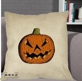 Perna Decorativa Halloween Dovleac Portocaliu Clasic, 40x40 cm, Crem, Husa Detasabila, Perna Inclusa, BEKZ®