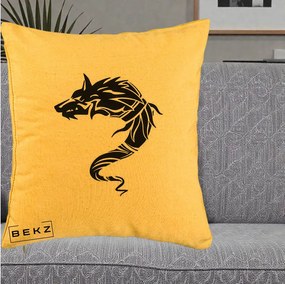 Perna Decorativa Lup Tribal Alb-Negru, 40x40 cm, Galben, Husa Detasabila, Perna Inclusa, BEKZ®