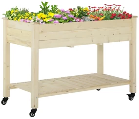 Outsunny Pat Grădină Legume Înălțat Lemn cu Roți, Jardiniera Înălțată cu Raft Inferior, 118x55x83cm, Natural | Aosom Romania