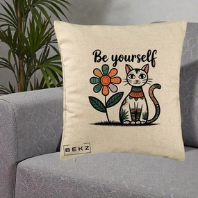 Perna Personalizata Be Yourself Pisica Folk, 40x40 cm, Bej, Husa Detasabila, Perna Inclusa, BEKZ®