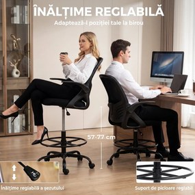 HOMCOM Scaun de Birou Ergonomic din Plasă, cu Suport Lombar și Suport pentru Picioare Reglabil, Cotiere Rabatabile, Negru | Aosom Romania