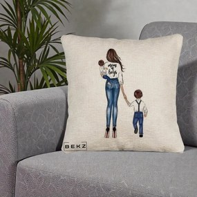Cadou pentru Mama - Perna Personalizata Mom of Boys Mama cu Baietii, 40x40 cm, Bej Canapea, Husa Detasabila, Perna Inclusa, BEKZ®