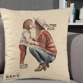Cadou pentru Mama - Perna Personalizata Super Mom Acuarela, 40x40 cm, Bej, Husa Detasabila, Perna Inclusa, BEKZ®
