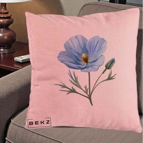 Perna Decorativa Mac Albastru Acuarela, 40x40 cm, Roz, Husa Detasabila, Perna Inclusa, BEKZ®