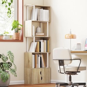 HOMCOM Bibliotecă cu 5 nivele, mobilier de depozitare cu rafturi și dulap cu dublă ușă, 60 x 23,8 x 179,2 cm, lemn natural | Aosom Romania