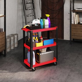 HOMCOM Cărucior Porta Unelte cu 3 Rafturi din Metal și PP, 70.5x35x82.5 cm, Roșu și Negru | Aosom Romania