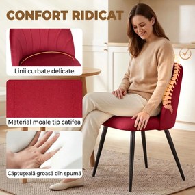 HOMCOM Set de 2 Scaune de Sufragerie din Catifea cu Spătar Tip Scoică, Culoare Roșu Vin, | Aosom Romania