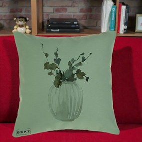Perna Decorativa Vaza cu Eucalipt Watercolor, 40x40 cm, Verde, Husa Detasabila, Perna Inclusa, BEKZ®