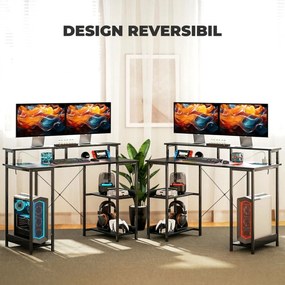 HOMCOM Birou Reversibil pentru Calculator cu Prize, Lumini LED, Suport Dublu și Rafturi Reglabile, 120x50x89,5 cm, Negru | Aosom Romania