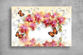 Tapet Premium Canvas - Orhideea si fluturii se reflecta in apa 3d abstract