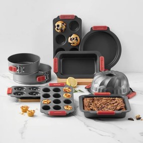 Forma de tort cu fund detasabil Lekue 1009475, Ø24 cm, Acoperire ceramica antiaderenta, Otel carbon, +4°C / +240°C, Negru/Rosu