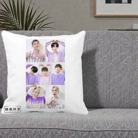 Perna Personalizata K-pop BTS Colaj 7 Portrete cu Inimi Lila, 40x40 cm, Alba Mata, Husa Detasabila, Perna Inclusa, BEKZ®