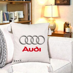 Perna Personalizata cu emblema Audi, 40x40 cm, Bej cu Franjuri, Husa Detasabila, Perna Inclusa, BEKZ®