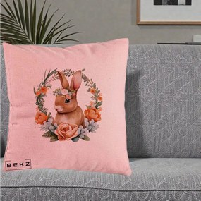 Perna Decorativa Iepuras Floral Coronita Acuarela, 40x40 cm, Roz, Husa Detasabila, Perna Inclusa, BEKZ®