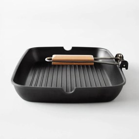 Tigaie Grill, 36x24 cm, Interior din Teflon (Anti-Aderent), Mâner Lemn, Capac din Sticlă Termorezistentă