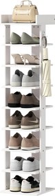 HOMCOM Pantofar 9 niveluri organizator din lemn pentru pantofi cu raft superior și 2 cârlige, pentru hol, Alb | Aosom Romania